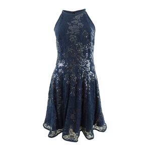 Xscape Womens Sequin Halter Mini Dress 12 Navy Blue Formal Event Cocktail Glam